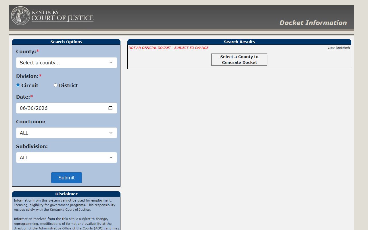 Robertson County court dockets Kentucky docket search form